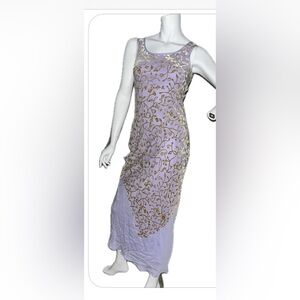 Betsey Johnson Designer Lavender purple w/gold vine sleeveless maxi Dress size 6